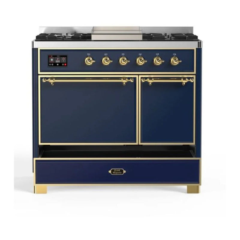 ILVE Majestic II 40" Dual Fuel Freestanding Range in Midnight Blue with Brass Trim, UMD10FDQNS3MBG