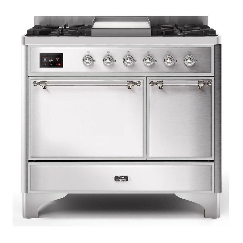 ILVE Majestic II 40" Dual Fuel Freestanding Range in Stainless Steel with Chrome Trim, UMD10FDQNS3SSC