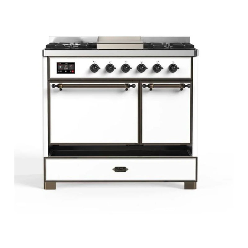 ILVE Majestic II 40" Dual Fuel Freestanding Range in White with Burnished Trim, UMD10FDQNS3WHBLP
