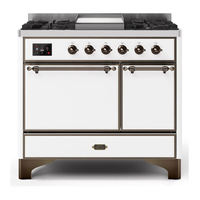ILVE Majestic II 40" Dual Fuel Freestanding Range in White with Burnished Trim, UMD10FDQNS3WHB