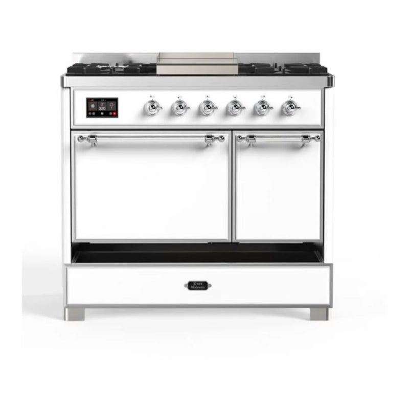 ILVE Majestic II 40" Dual Fuel Freestanding Range in White with Chrome Trim, UMD10FDQNS3WHCLP
