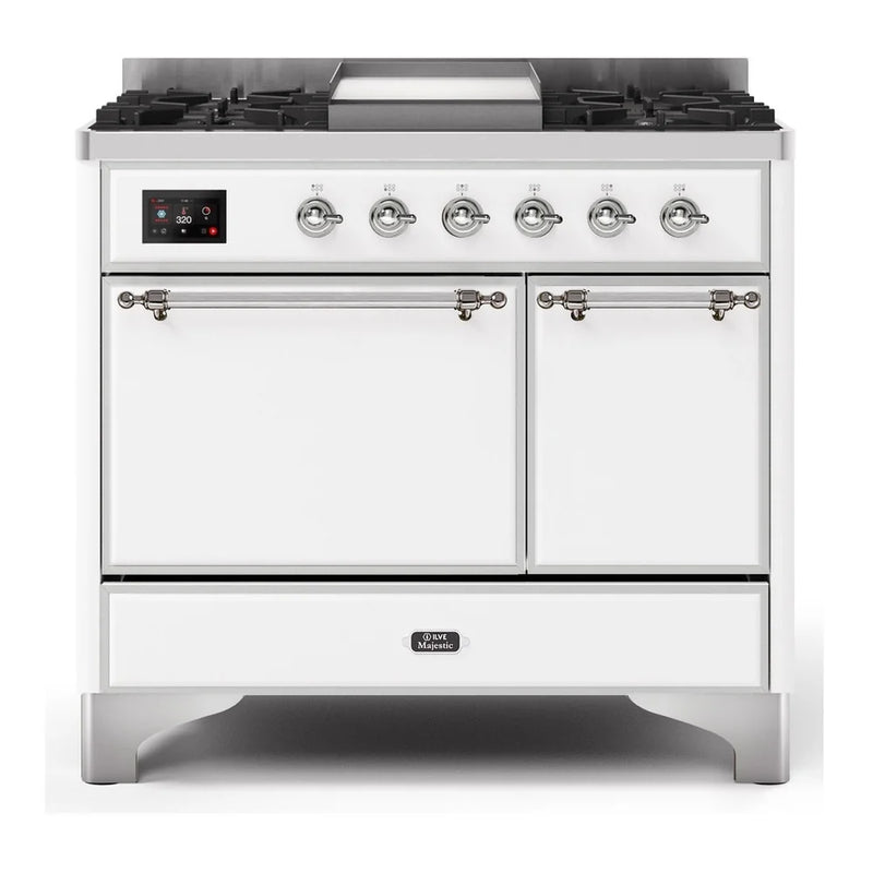 ILVE Majestic II 40" Dual Fuel Freestanding Range in White with Chrome Trim, UMD10FDQNS3WHC