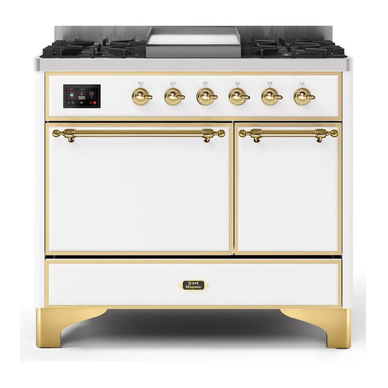 ILVE Majestic II 40" Dual Fuel Freestanding Range in White with Brass Trim, UMD10FDQNS3WHGLP