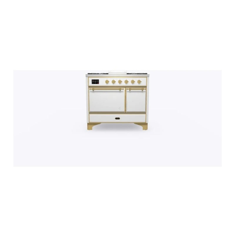 ILVE Majestic II 40" Dual Fuel Freestanding Range in White with Brass Trim, UMD10FDQNS3WHGLP