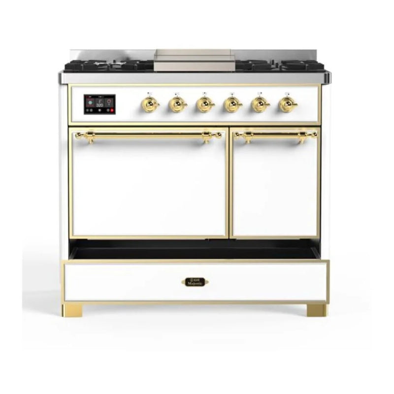ILVE Majestic II 40" Dual Fuel Freestanding Range in White with Brass Trim, UMD10FDQNS3WHGLP