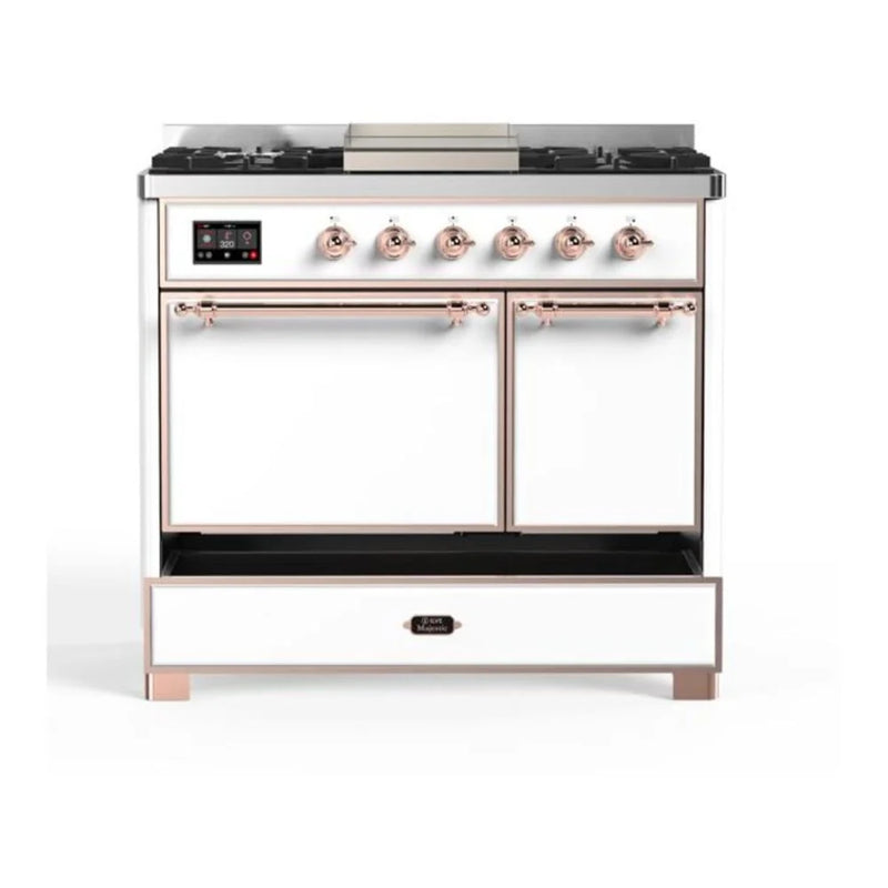 ILVE Majestic II 40" Dual Fuel Freestanding Range in White with Copper Trim, UMD10FDQNS3WHPLP