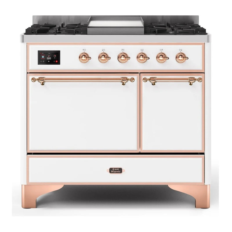 ILVE Majestic II 40" Dual Fuel Freestanding Range in White with Copper Trim, UMD10FDQNS3WHP