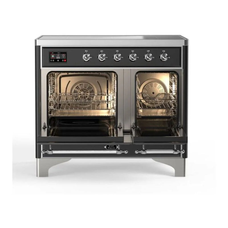 ILVE Majestic II 40" Induction Freestanding Range in Glossy Black with Chrome Trim, UMDI10NS3BKC