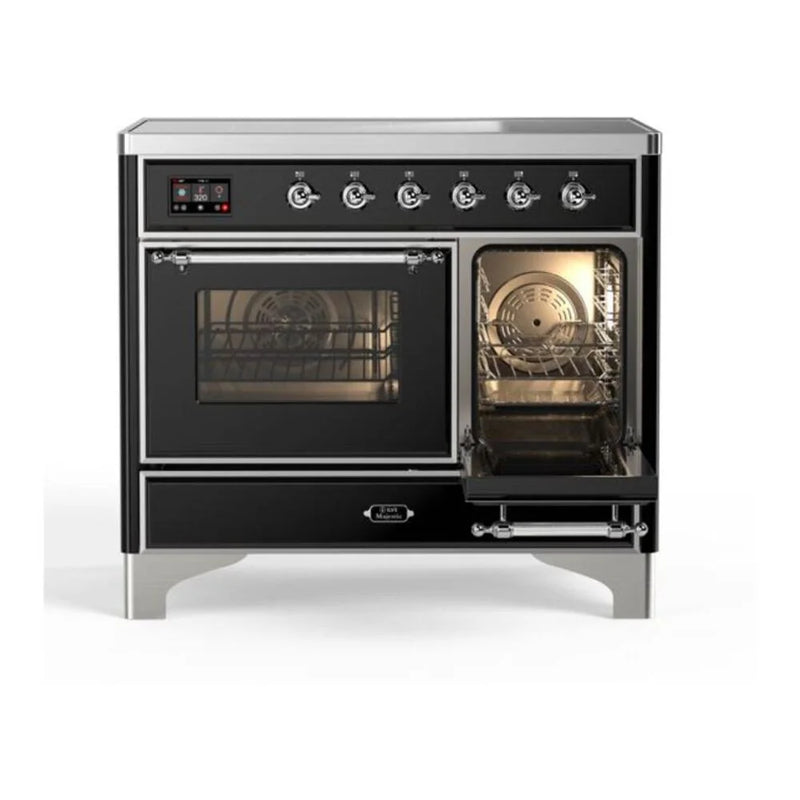ILVE Majestic II 40" Induction Freestanding Range in Glossy Black with Chrome Trim, UMDI10NS3BKC
