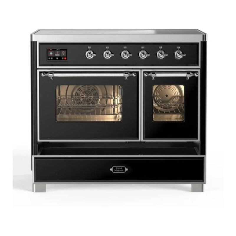 ILVE Majestic II 40" Induction Freestanding Range in Glossy Black with Chrome Trim, UMDI10NS3BKC