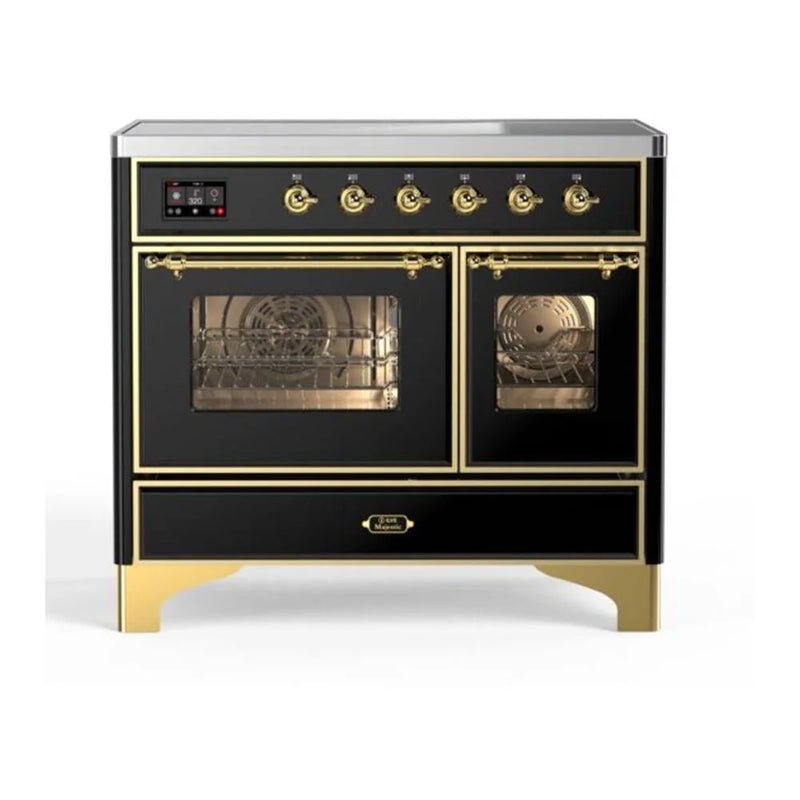 ILVE Majestic II 40" Induction Freestanding Range in Glossy Black with Brass Trim, UMDI10NS3BKG