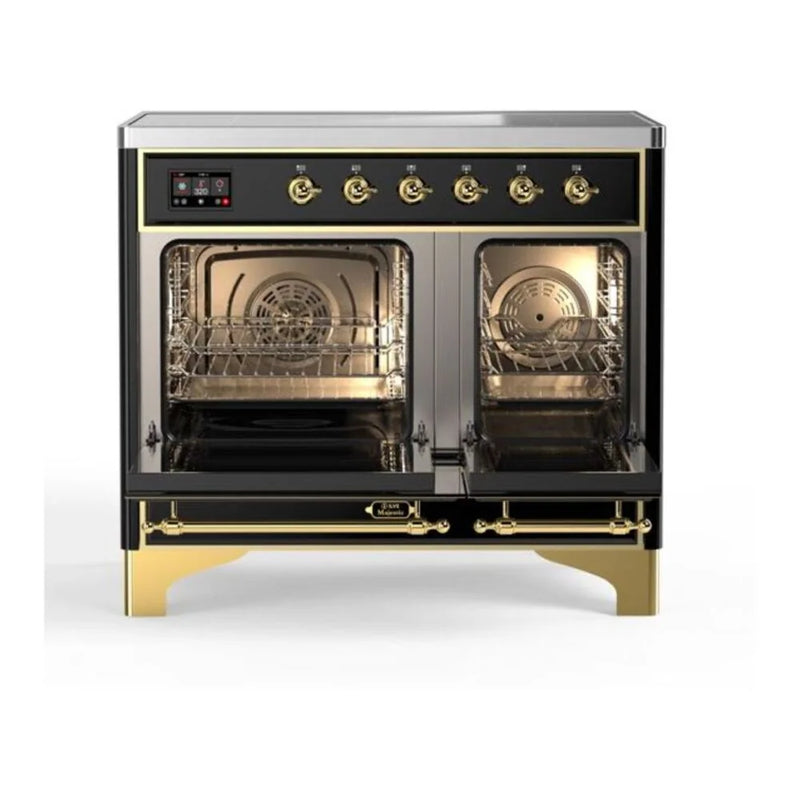 ILVE Majestic II 40" Induction Freestanding Range in Glossy Black with Brass Trim, UMDI10NS3BKG