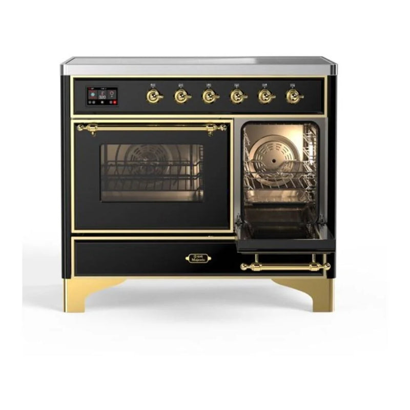 ILVE Majestic II 40" Induction Freestanding Range in Glossy Black with Brass Trim, UMDI10NS3BKG
