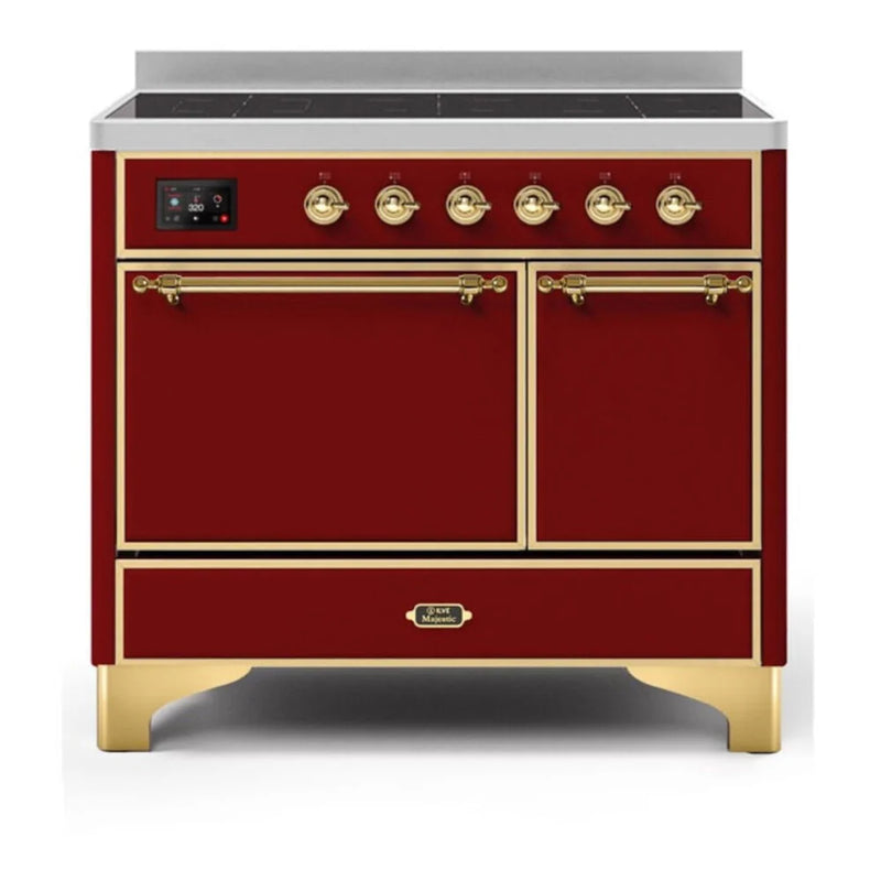 ILVE Majestic II 40" Induction Freestanding Range in Burgundy with Brass Trim, UMDI10QNS3BUG