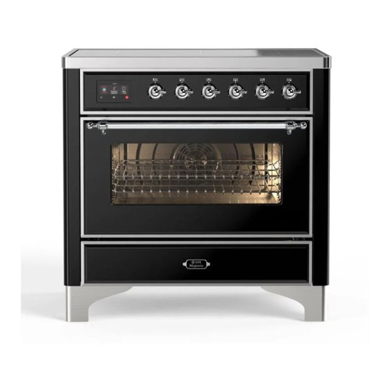 ILVE Majestic II 36" Induction Freestanding Range in Glossy Black with Chrome Trim, UMI09NS3BKC