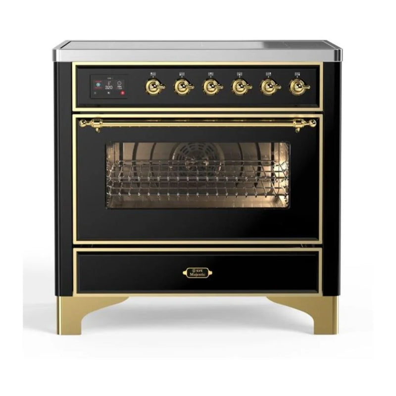 ILVE Majestic II 36" Induction Freestanding Range in Glossy Black with Brass Trim, UMI09NS3BKG