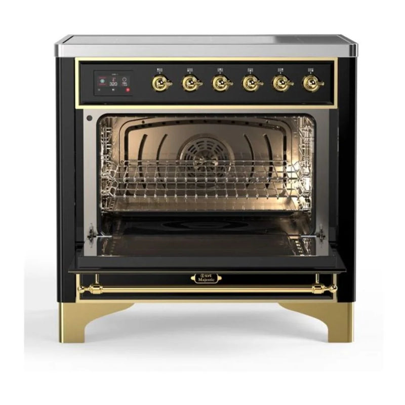 ILVE Majestic II 36" Induction Freestanding Range in Glossy Black with Brass Trim, UMI09NS3BKG
