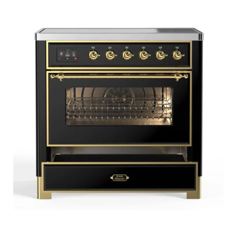 ILVE Majestic II 36" Induction Freestanding Range in Glossy Black with Brass Trim, UMI09NS3BKG