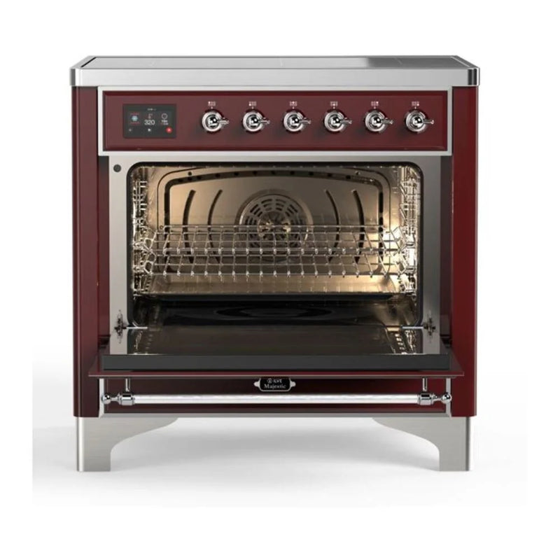 ILVE Majestic II 36" Induction Freestanding Range in Burgundy with Chrome Trim, UMI09NS3BUC