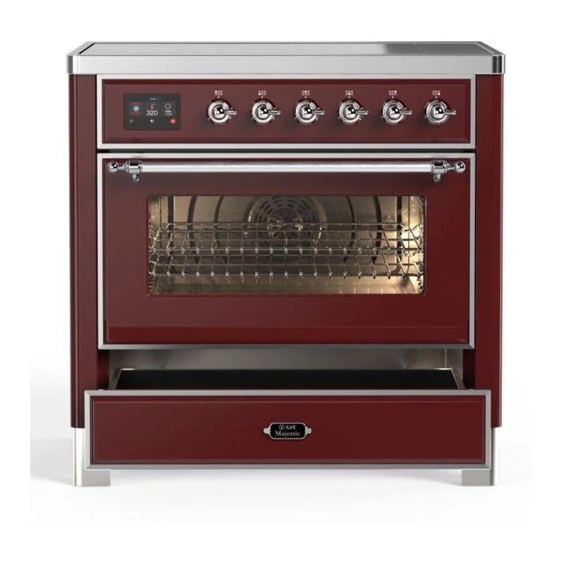 ILVE Majestic II 36" Induction Freestanding Range in Burgundy with Chrome Trim, UMI09NS3BUC