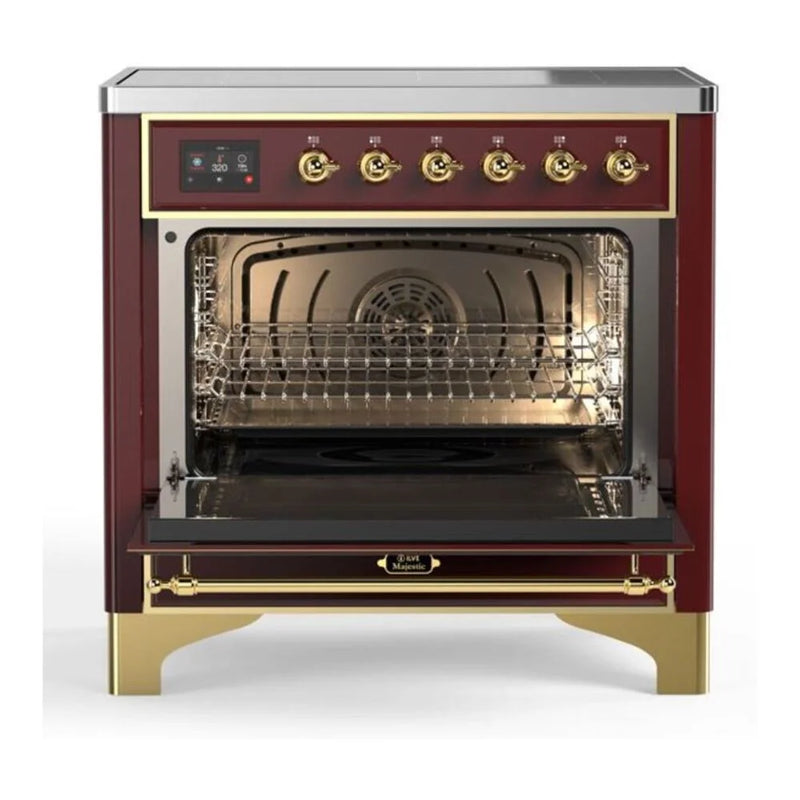 ILVE Majestic II 36" Induction Freestanding Range in Burgundy with Brass Trim, UMI09NS3BUG