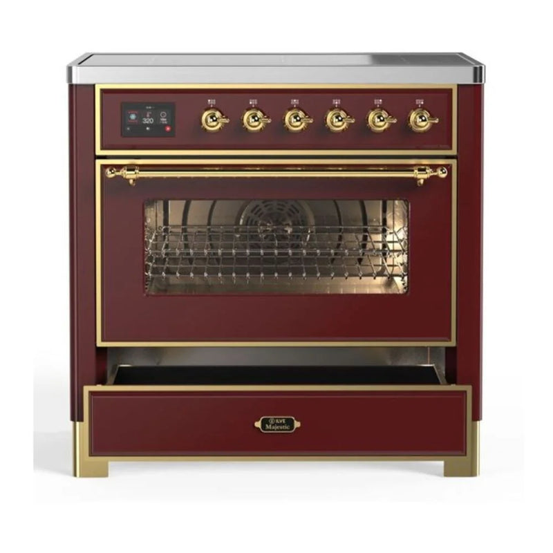 ILVE Majestic II 36" Induction Freestanding Range in Burgundy with Brass Trim, UMI09NS3BUG