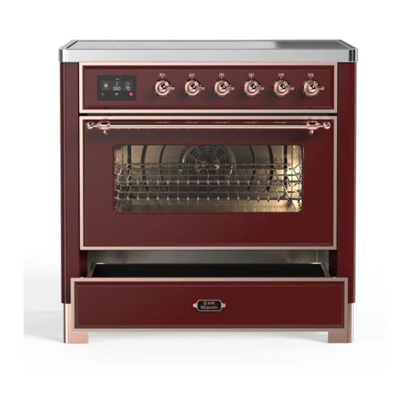 ILVE Majestic II 36" Induction Freestanding Range in Burgundy with Copper Trim, UMI09NS3BUP