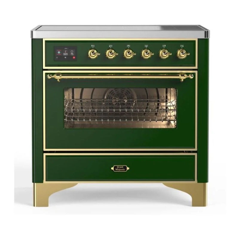ILVE Majestic II 36" Induction Freestanding Range in Emerald Green with Brass Trim, UMI09NS3EGG