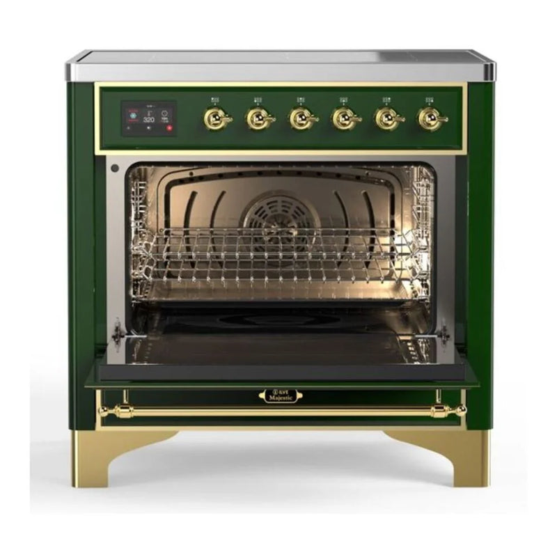 ILVE Majestic II 36" Induction Freestanding Range in Emerald Green with Brass Trim, UMI09NS3EGG