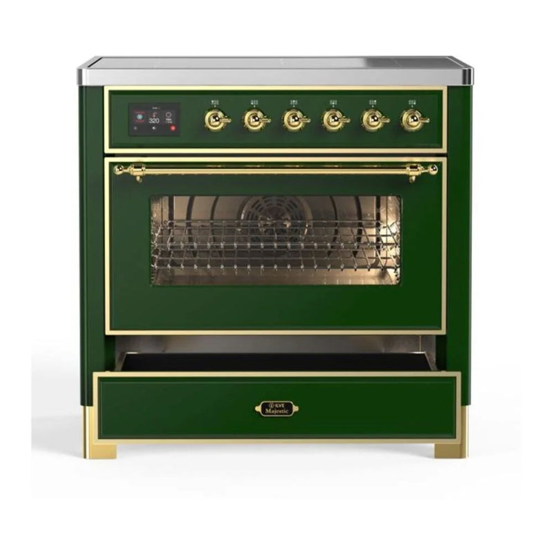 ILVE Majestic II 36" Induction Freestanding Range in Emerald Green with Brass Trim, UMI09NS3EGG