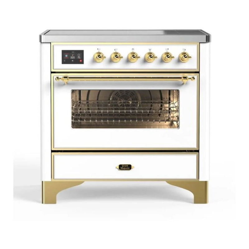 ILVE Majestic II 36" Induction Freestanding Range in White with Brass Trim, UMI09NS3WHG
