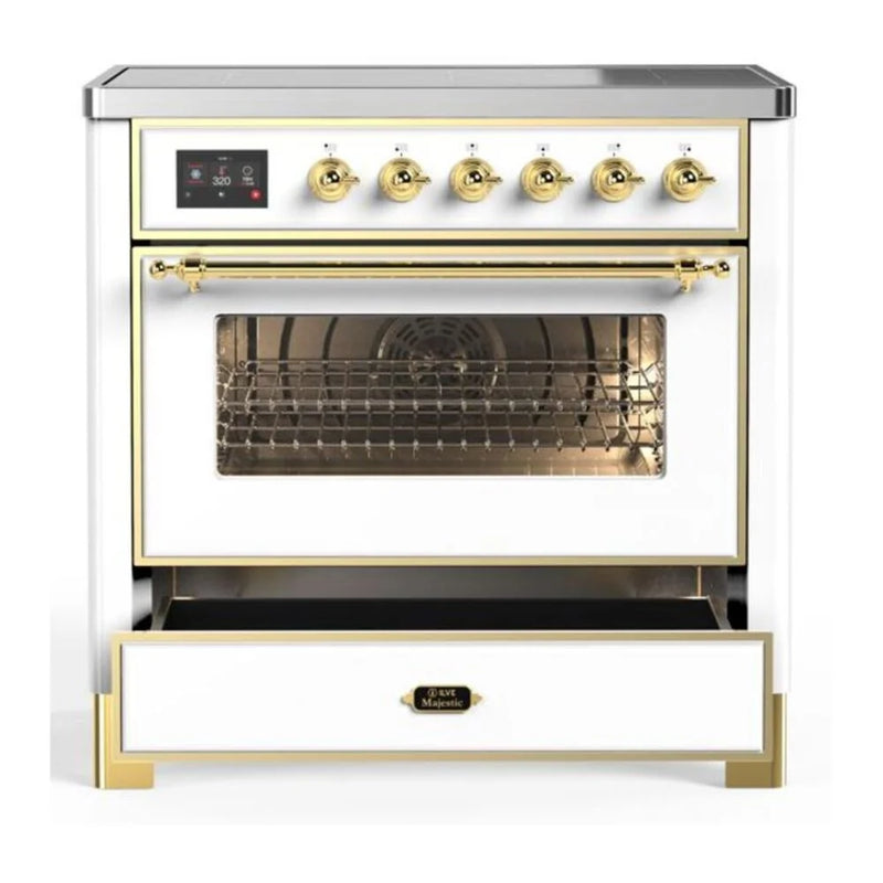 ILVE Majestic II 36" Induction Freestanding Range in White with Brass Trim, UMI09NS3WHG