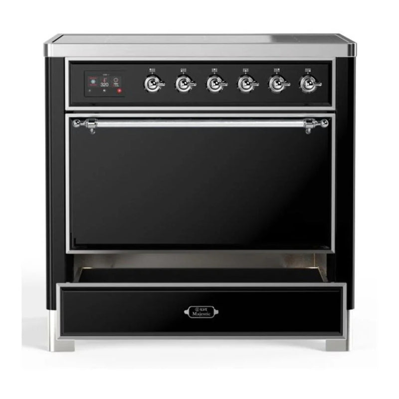 ILVE Majestic II 36" Induction Freestanding Range in Glossy Black with Chrome Trim, UMI09QNS3BKC