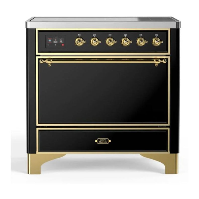 ILVE Majestic II 36" Induction Freestanding Range in Glossy Black with Brass Trim, UMI09QNS3BKG