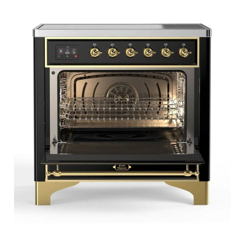 ILVE Majestic II 36" Induction Freestanding Range in Glossy Black with Brass Trim, UMI09QNS3BKG