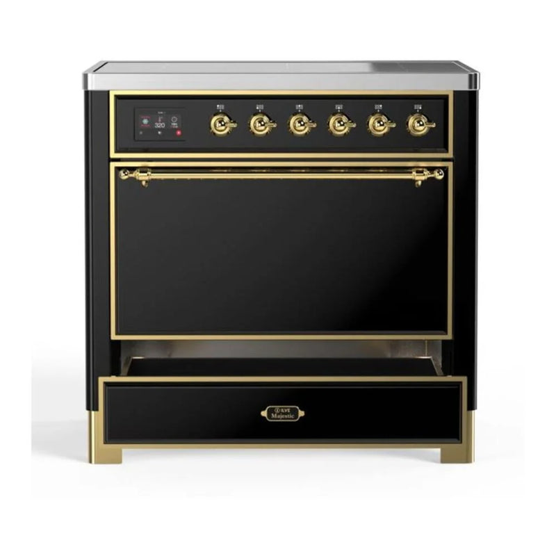 ILVE Majestic II 36" Induction Freestanding Range in Glossy Black with Brass Trim, UMI09QNS3BKG