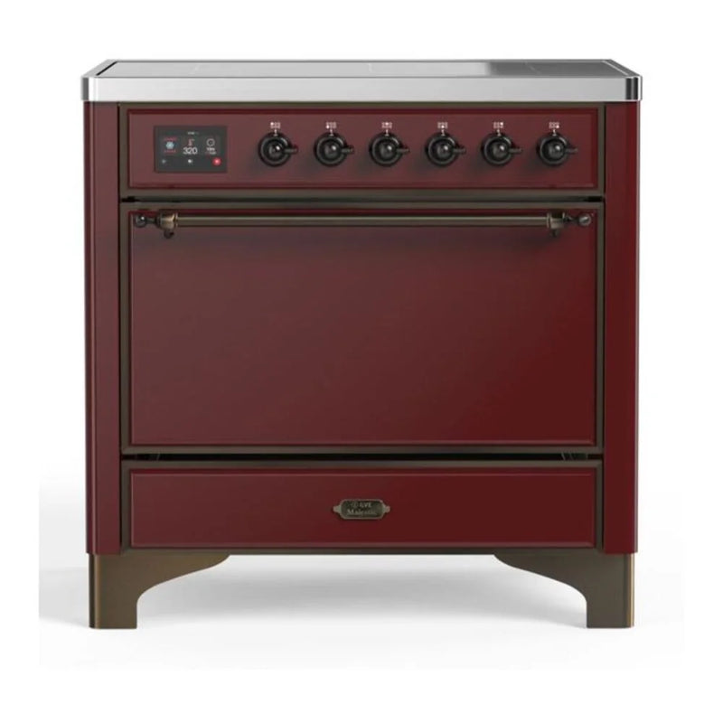 ILVE Majestic II 36" Induction Freestanding Range in Burgundy with Burnished Trim, UMI09QNS3BUB