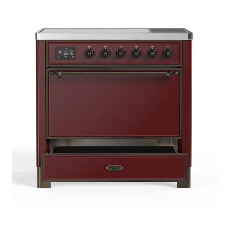 ILVE Majestic II 36" Induction Freestanding Range in Burgundy with Burnished Trim, UMI09QNS3BUB