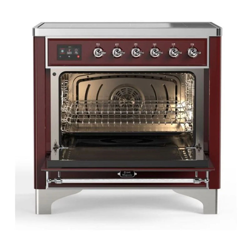 ILVE Majestic II 36" Induction Freestanding Range in Burgundy with Chrome Trim, UMI09QNS3BUC