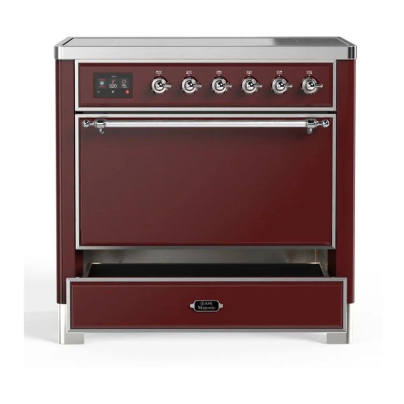ILVE Majestic II 36" Induction Freestanding Range in Burgundy with Chrome Trim, UMI09QNS3BUC