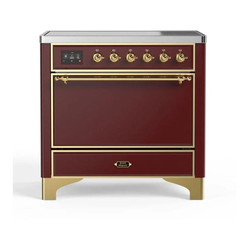 ILVE Majestic II 36" Induction Freestanding Range in Burgundy with Brass Trim, UMI09QNS3BUG