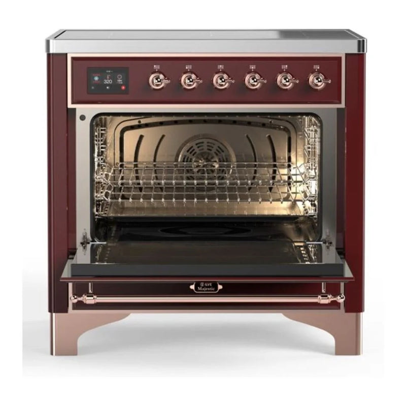 ILVE Majestic II 36" Induction Freestanding Range in Burgundy with Copper Trim, UMI09QNS3BUP