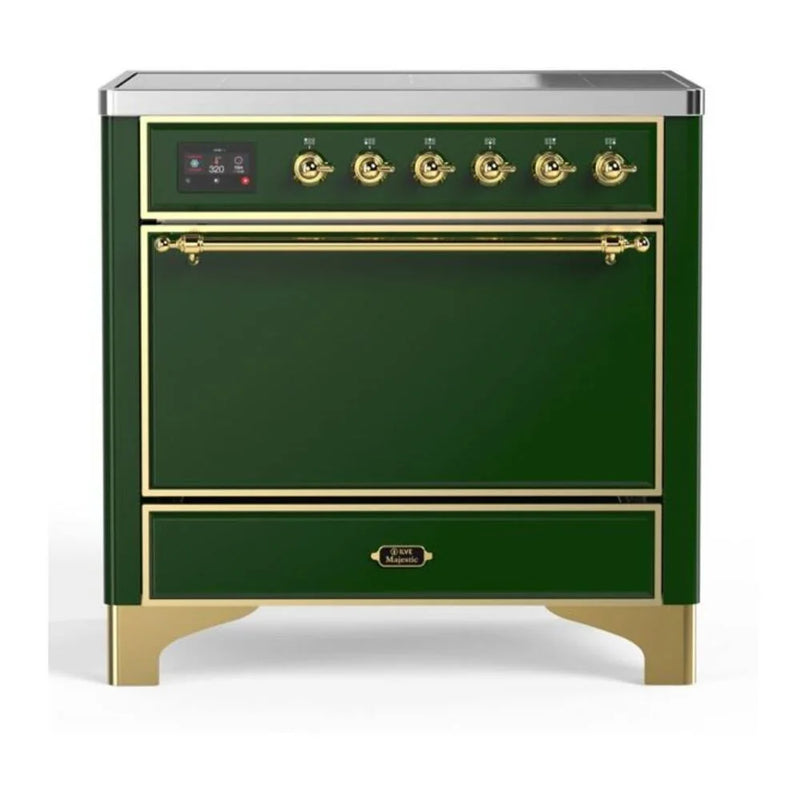 ILVE Majestic II 36" Induction Freestanding Range in Emerald Green with Brass Trim, UMI09QNS3EGG