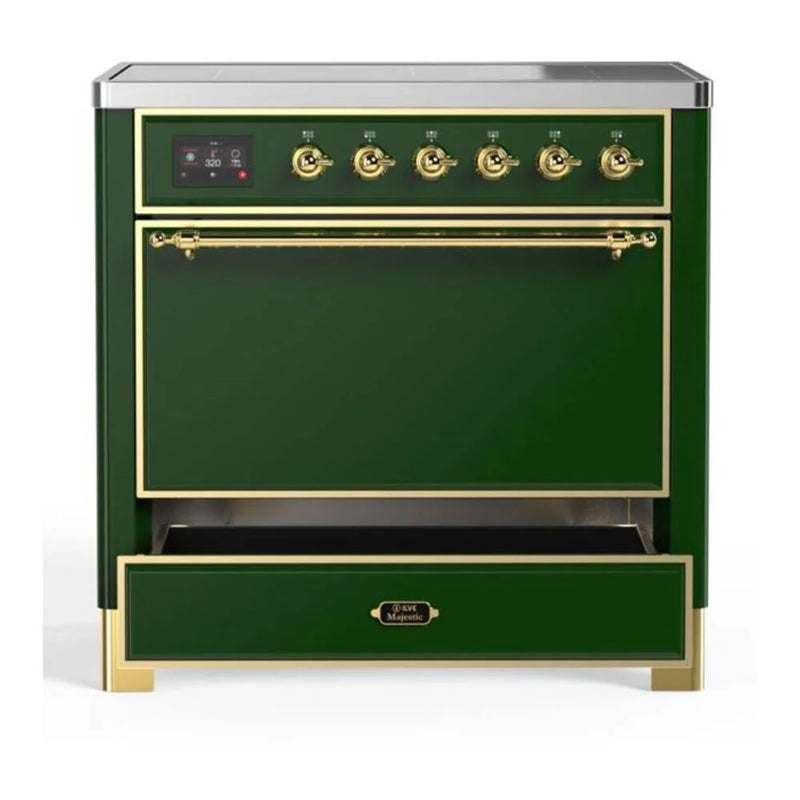 ILVE Majestic II 36" Induction Freestanding Range in Emerald Green with Brass Trim, UMI09QNS3EGG