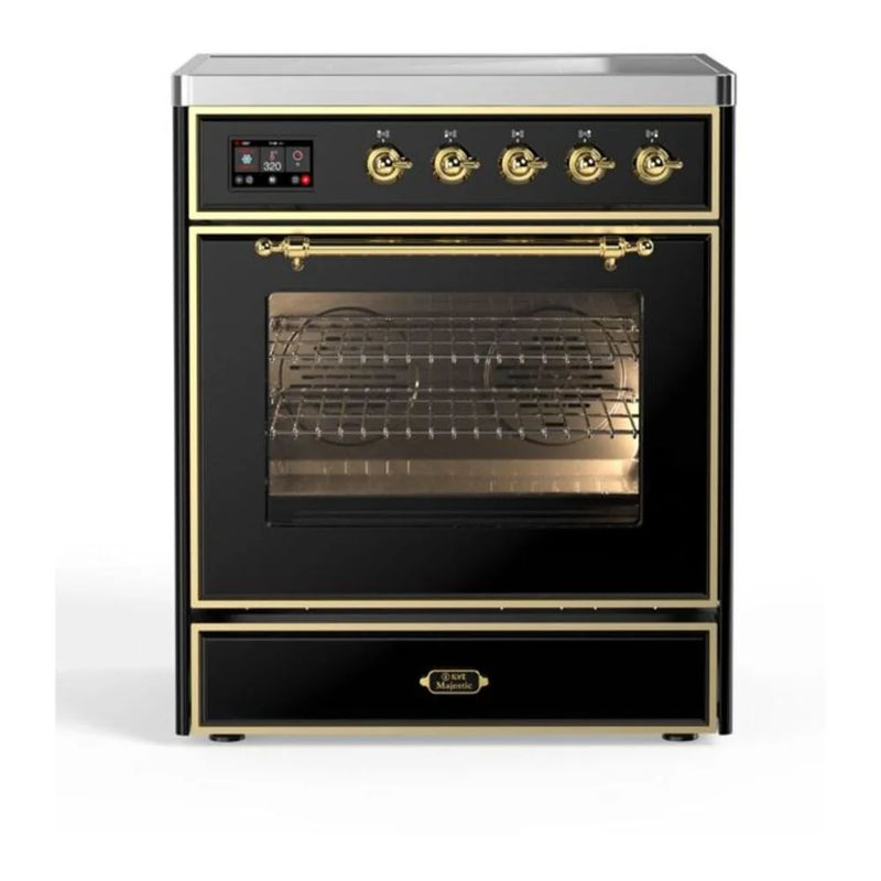 ILVE Majestic II 30" Induction Freestanding Range in Glossy Black with Brass Trim, UMI30NE3BKG