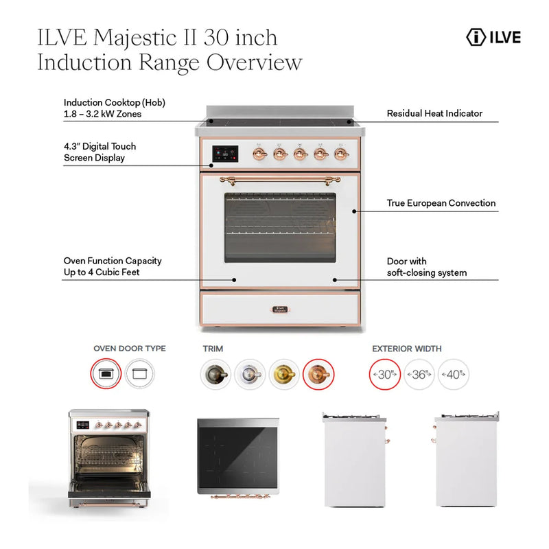 ILVE Majestic II 30" Induction Freestanding Range in Emerald Green with Copper Trim, UMI30NE3EGP