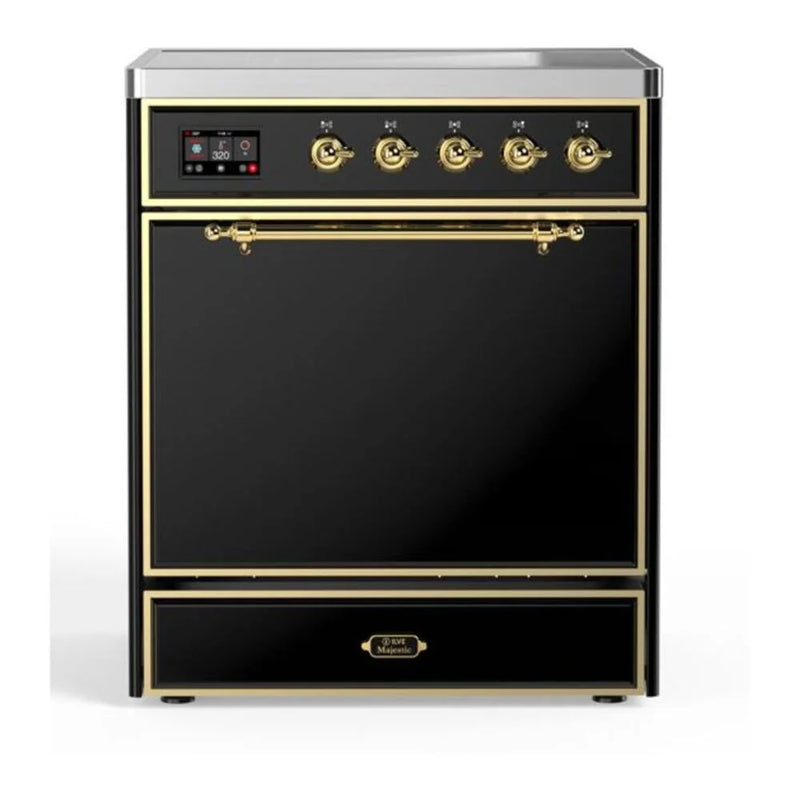 ILVE Majestic II 30" Induction Freestanding Range in Glossy Black with Brass Trim, UMI30QNE3BKG
