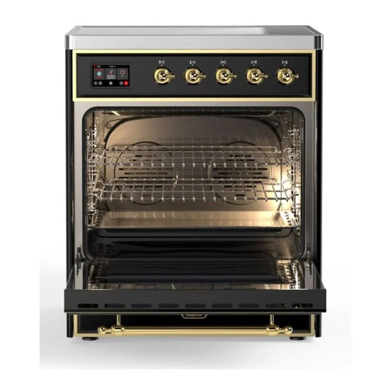 ILVE Majestic II 30" Induction Freestanding Range in Glossy Black with Brass Trim, UMI30QNE3BKG