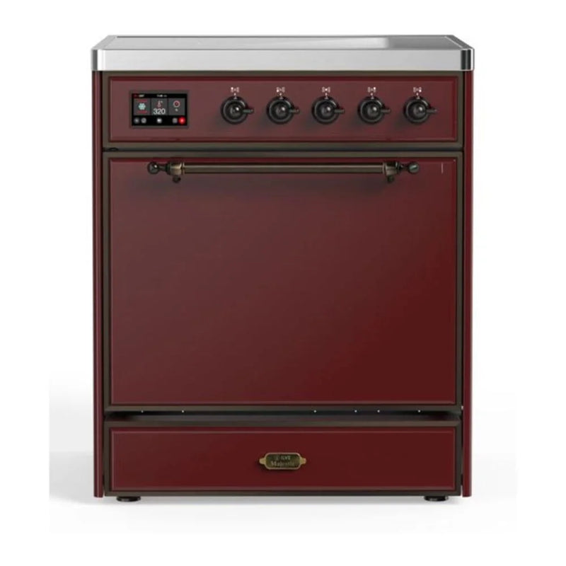ILVE Majestic II 30" Induction Freestanding Range in Burgundy with Burnished Trim, UMI30QNE3BUB