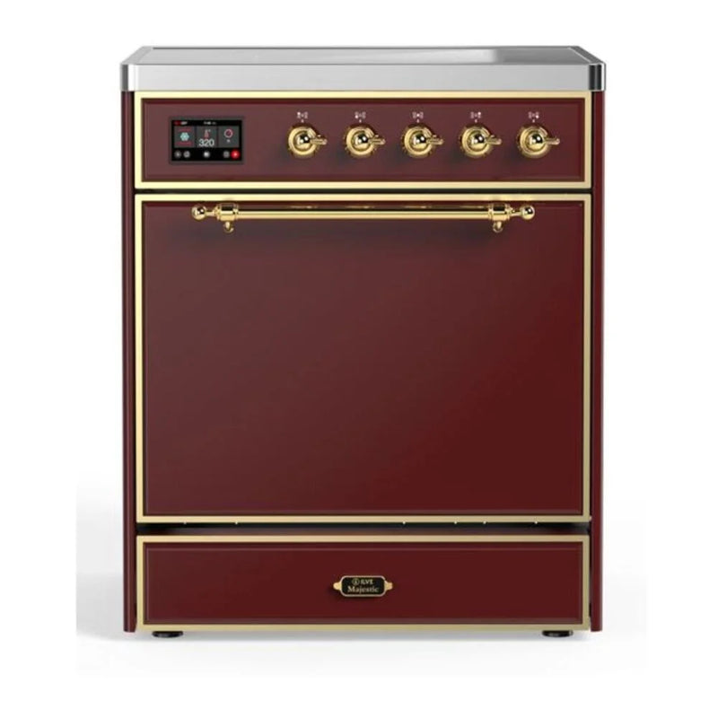 ILVE Majestic II 30" Induction Freestanding Range in Burgundy with Brass Trim, UMI30QNE3BUG